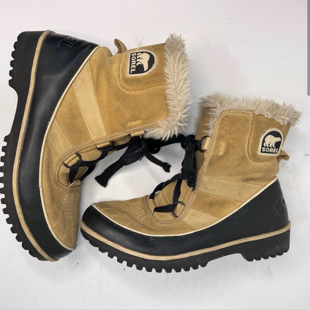 SOREL Tivoli II Waterproof Suede Leather Boots Tan Black faux Fur trim size 8.5